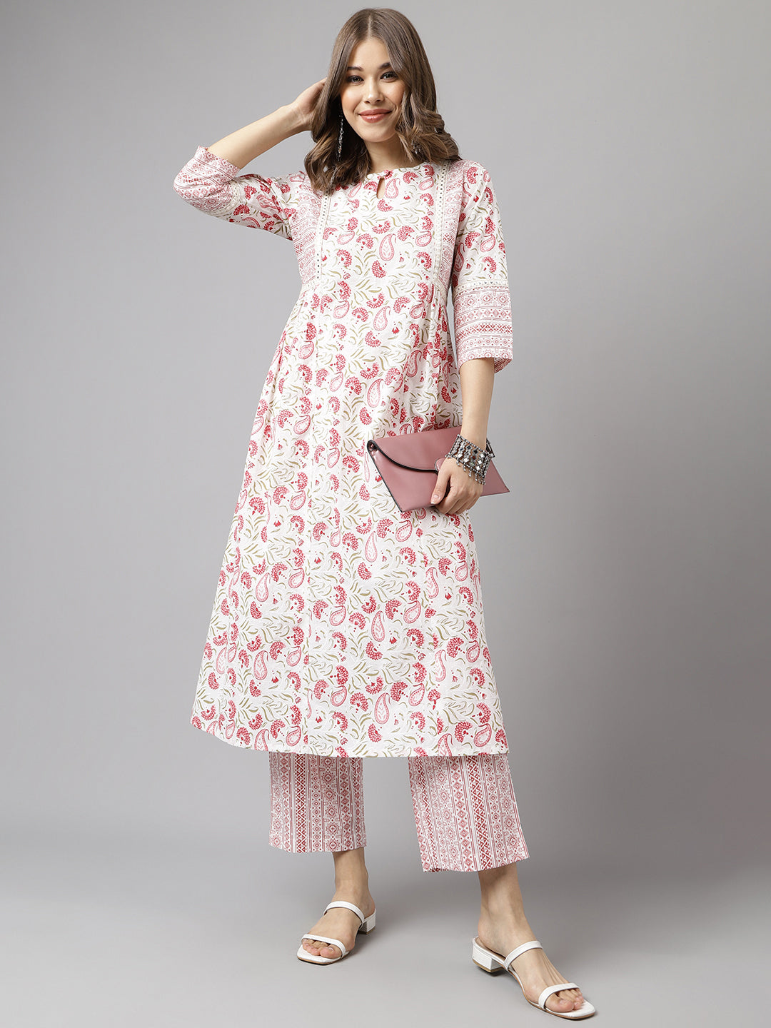 FIORRA Women's White Cotton A-line Kurta with Palazzo